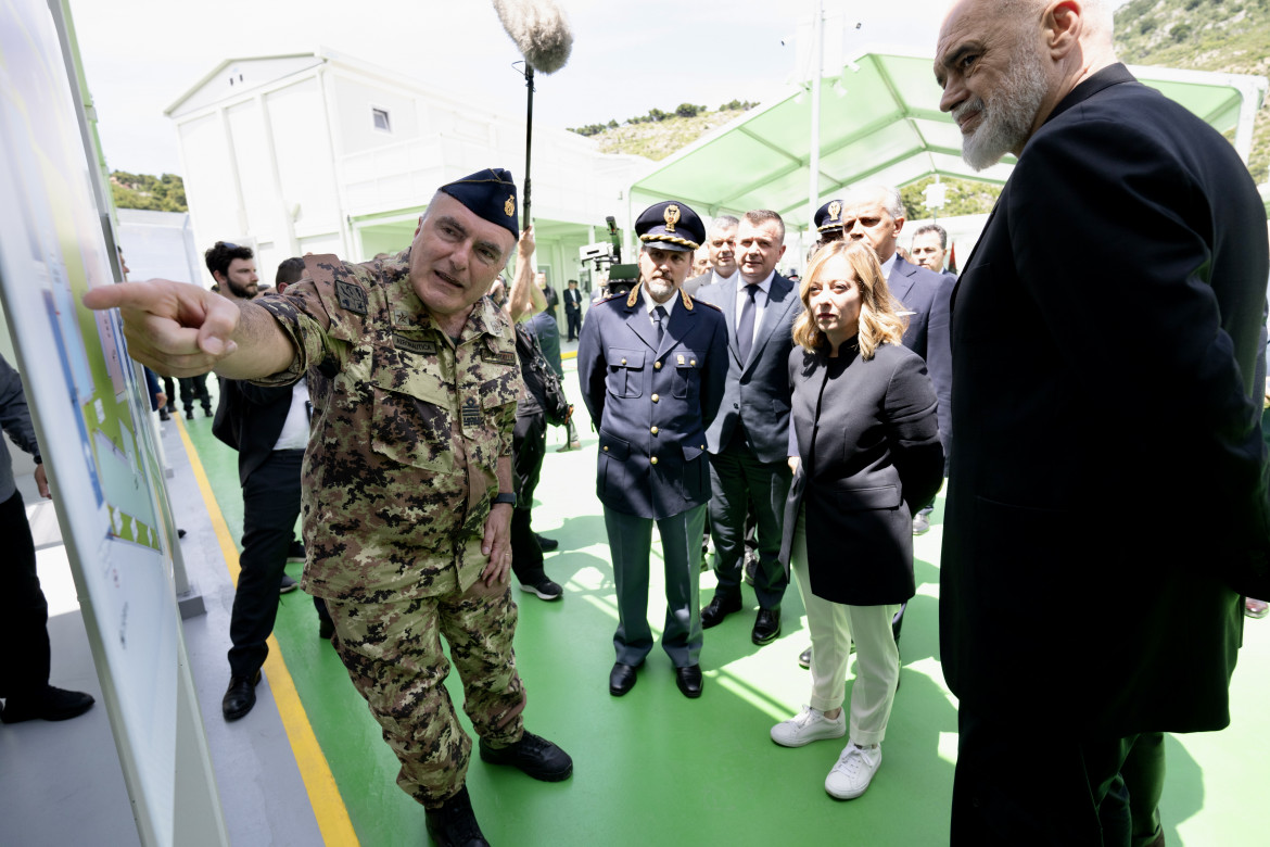 Il Presidente Giorgia Meloni in Albania durante una visita congiunta con il Primo Ministro della Repubblica di Albania Edi Rama alle aree previste dal protocollo di collaborazione Italia-Albania in materia migratoria foto LaPresse